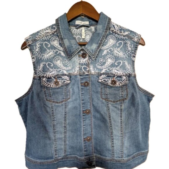 Tribal Jackets & Blazers - Y2K NWT TRIBAL JEANS Denim Jean Vest Jacket with White Embroidery Size XL